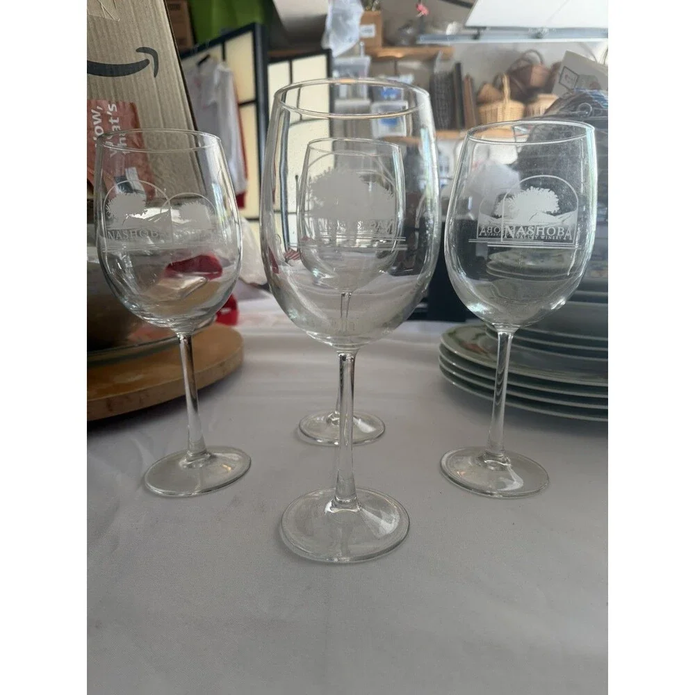 Set of 4 Nashoba Valley Etched Wine Glasses - Clear Glassware for Wine Tasting